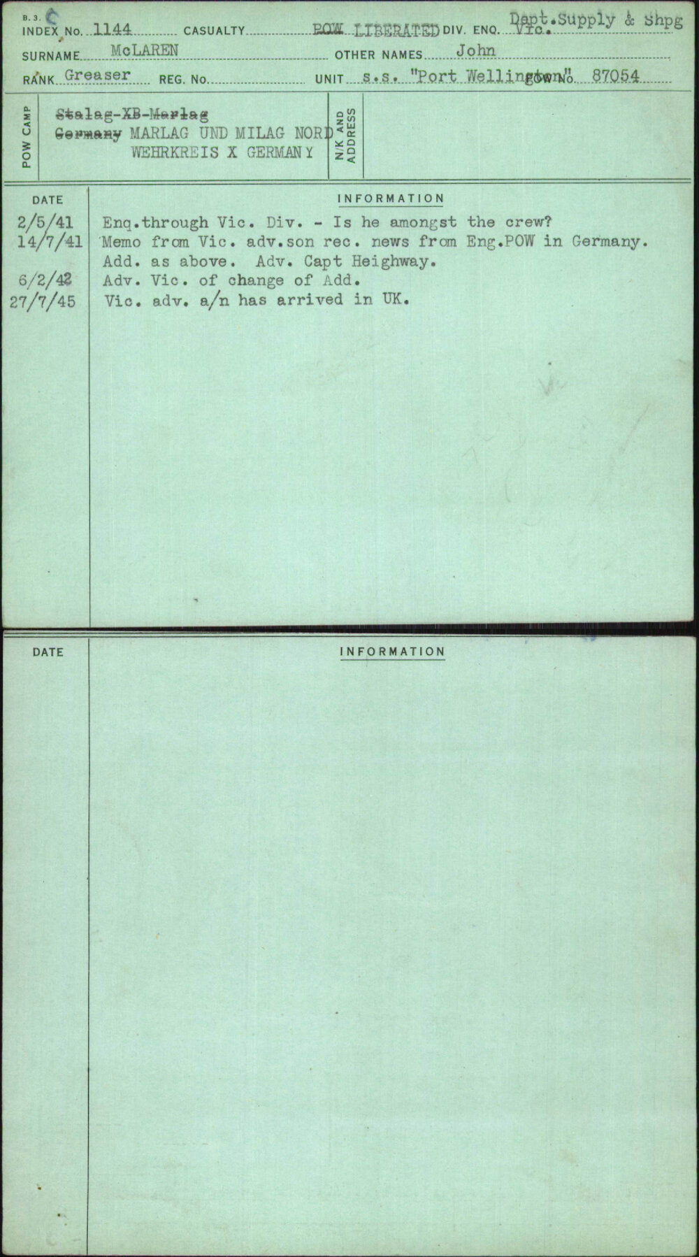 Mclaren, John, [No Service Number]