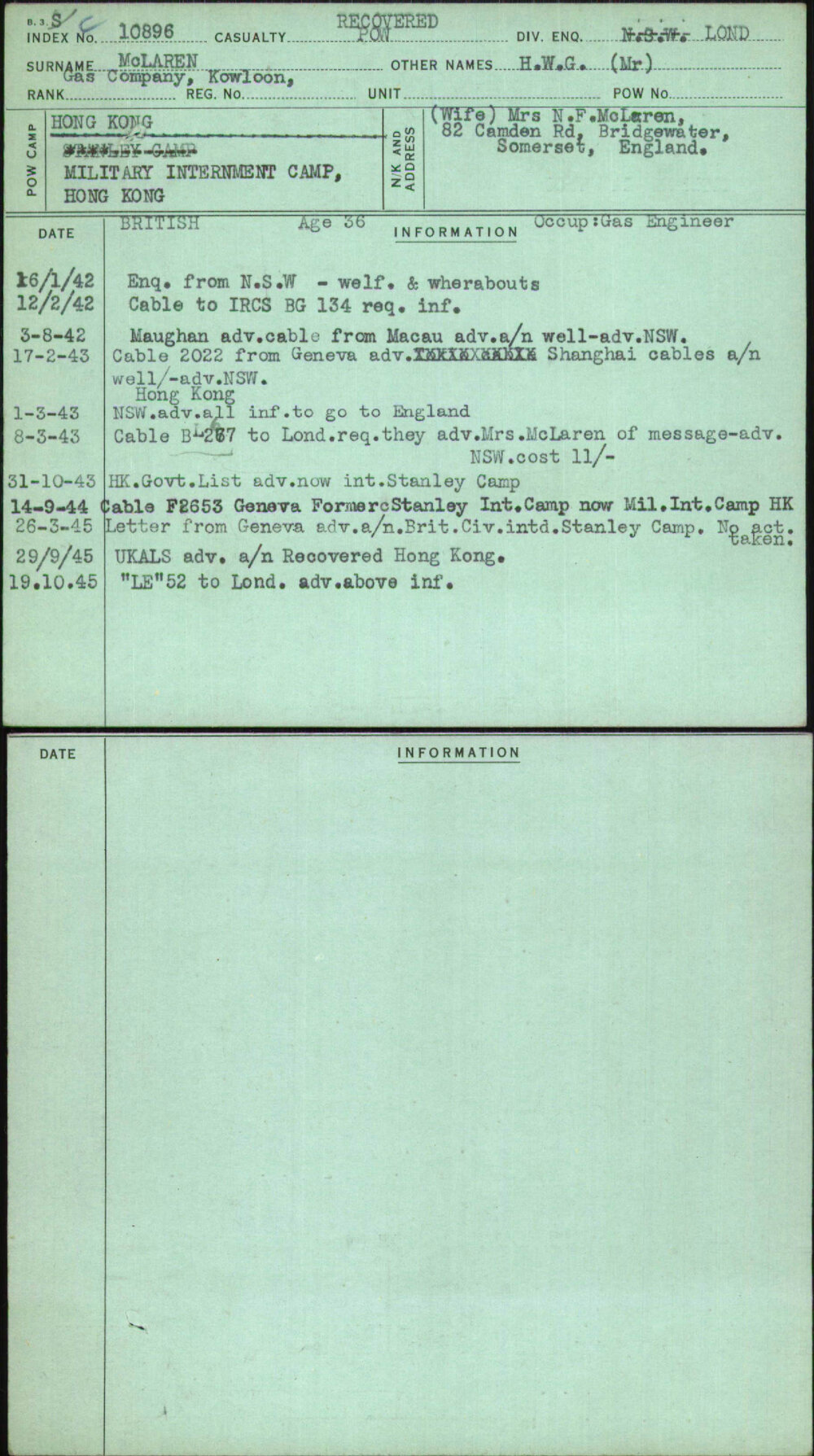 Mclaren, H W G (Mr), [No Service Number]