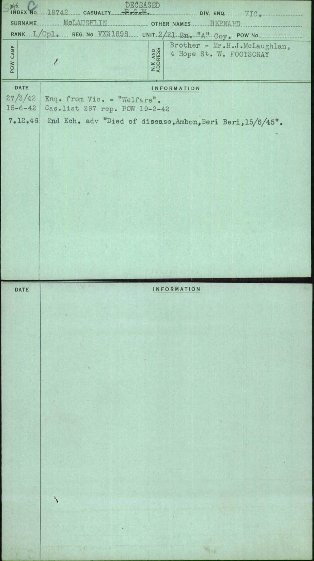 Mclaughlin, Bernard, VX31898