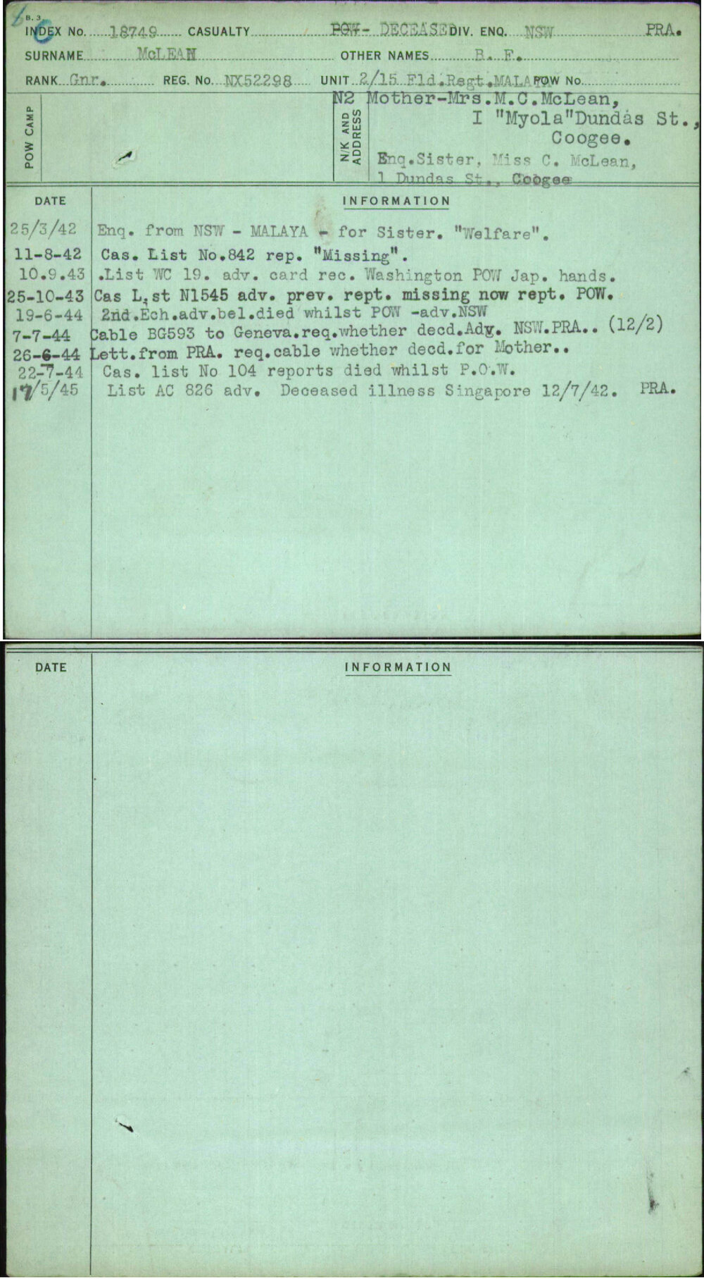 Mclean, B F, NX52298