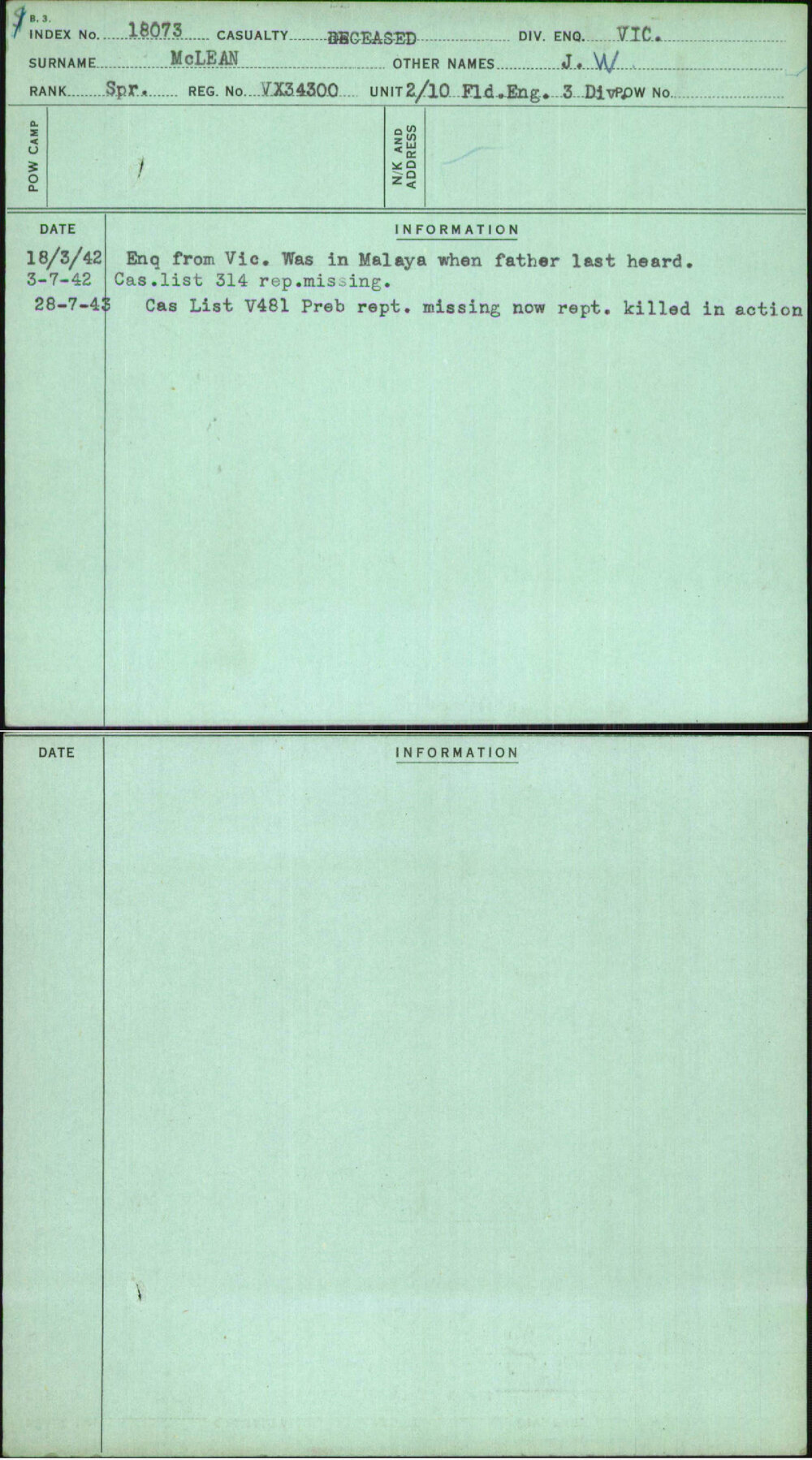 Mclean, J W, VX34300