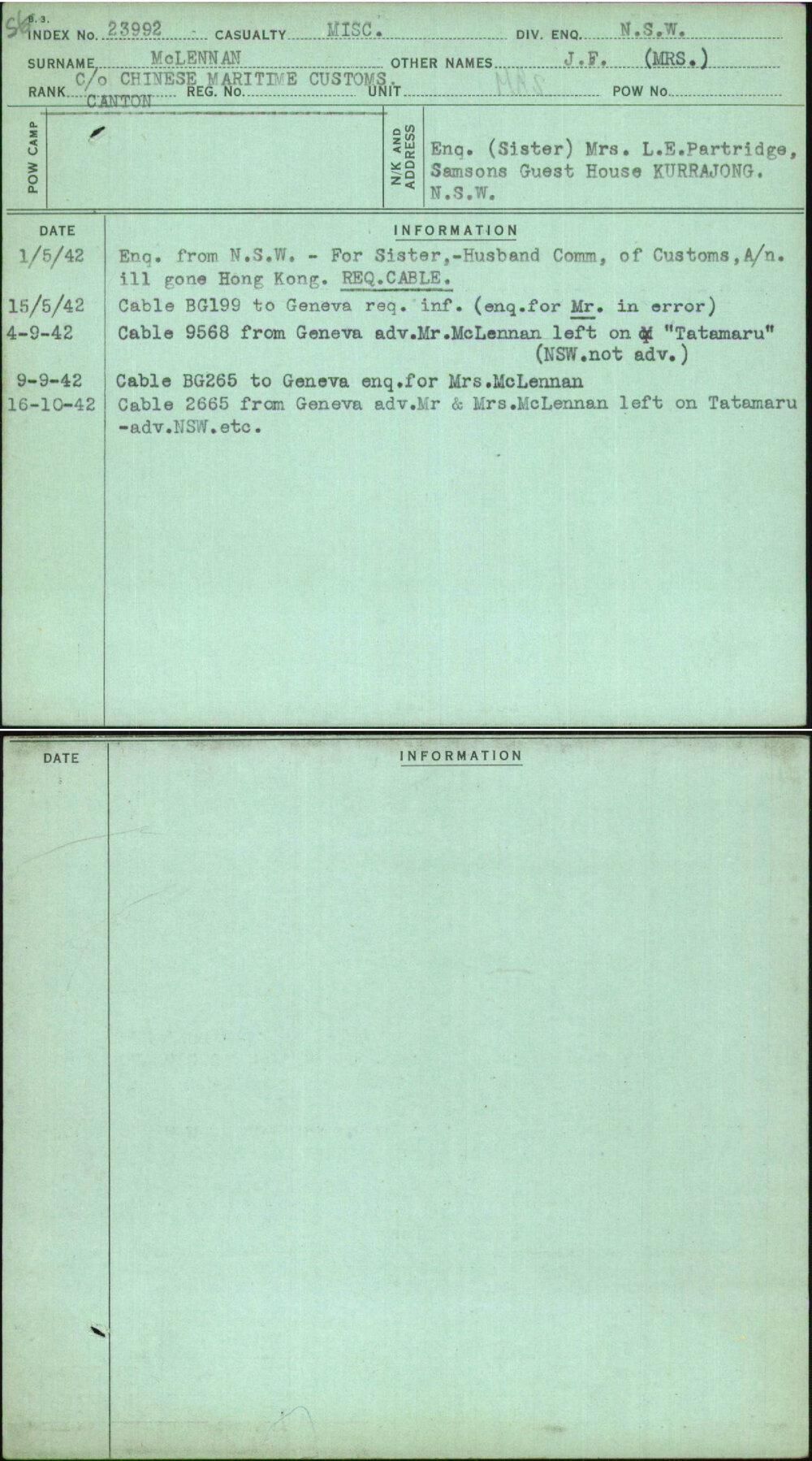 Mclennan, J F (Mrs), [No Service Number]