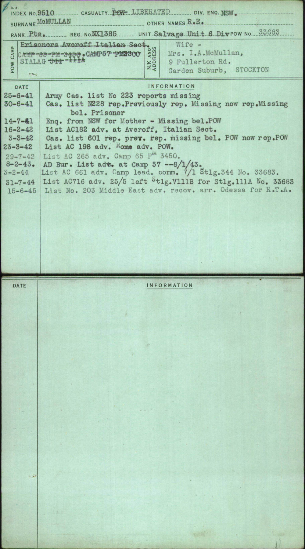 Mcmullan, R E, NX1385