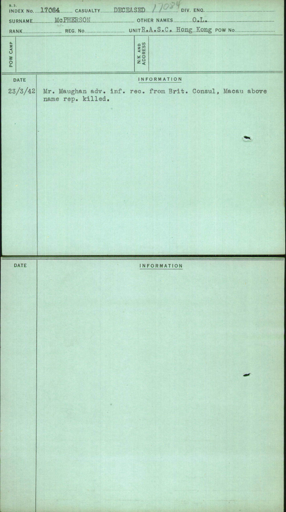 Mcpherson, O L, [No Service Number]