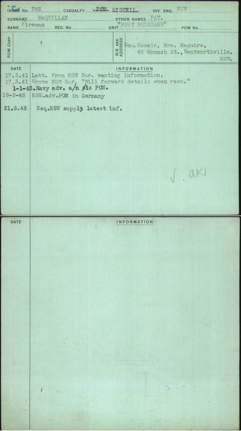 Mcquillan, Pat, [No Service Number]