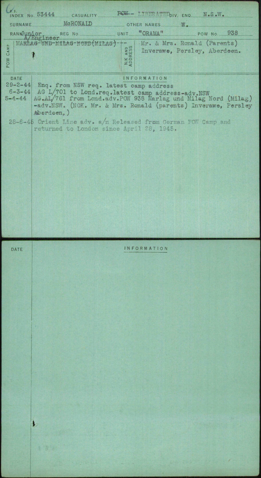 Mcronald, W, [No Service Number]