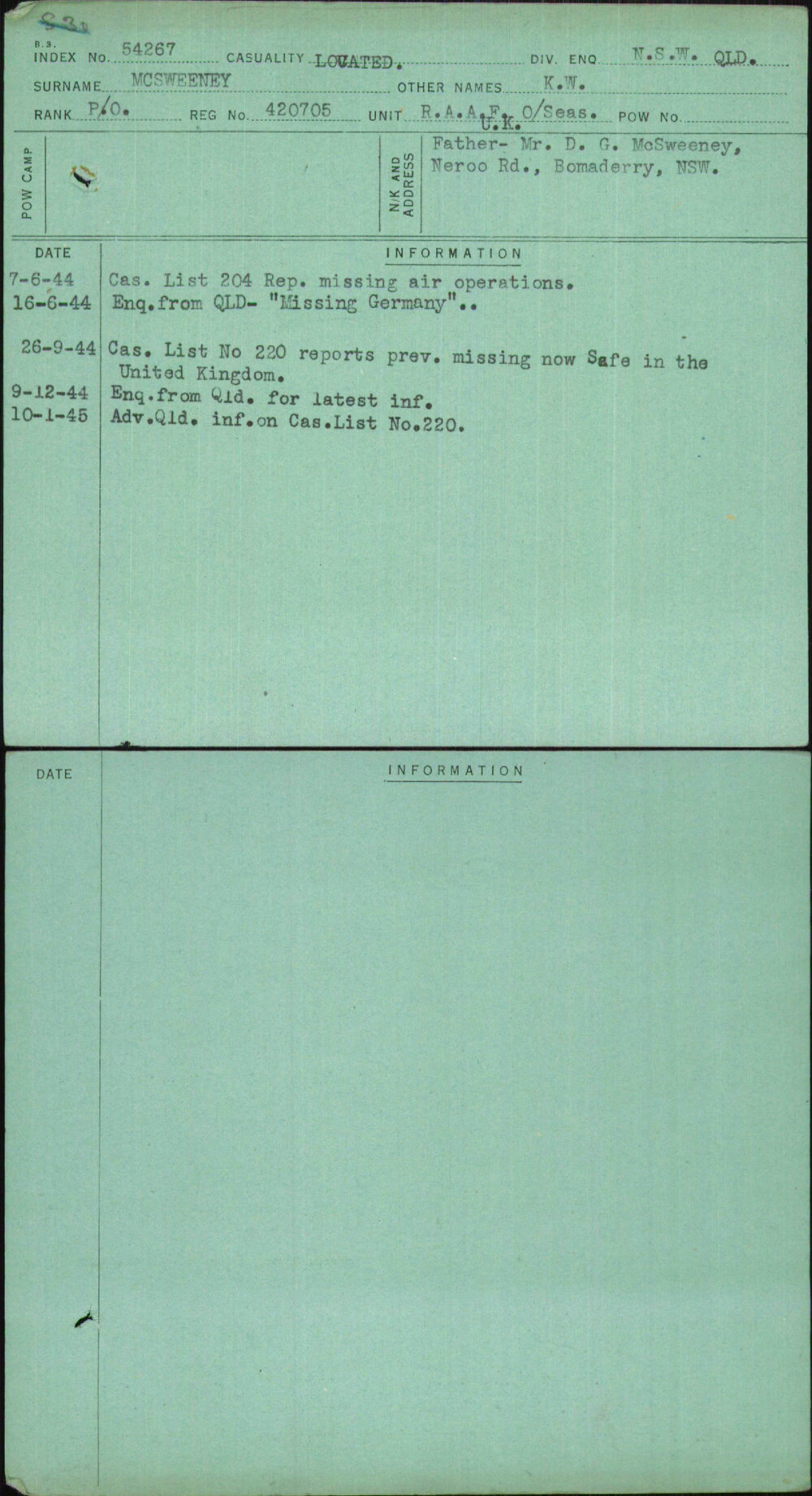 Mcsweeney, K W, 420705