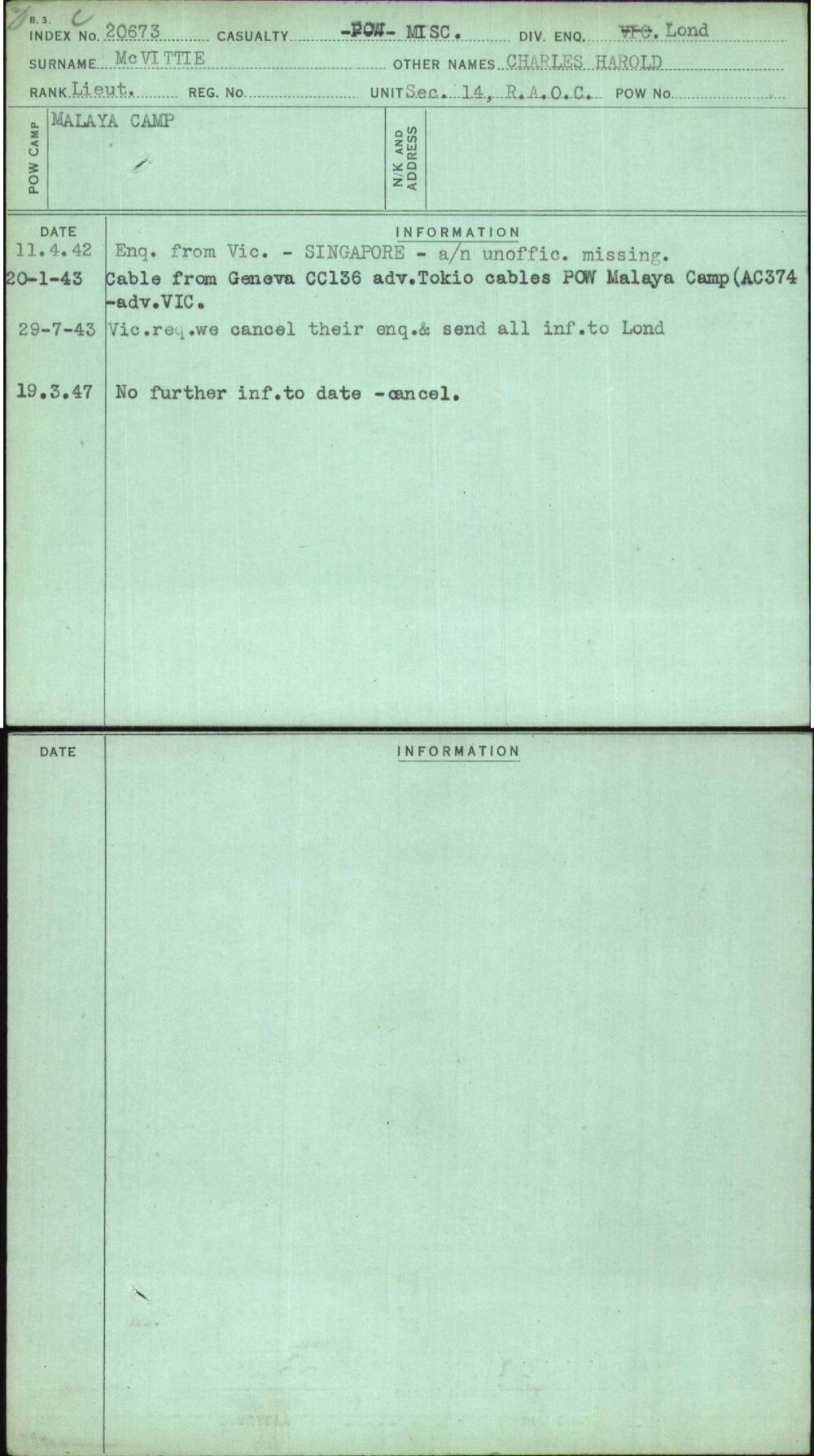 Mcvittie, Charles Harold, [No Service Number]