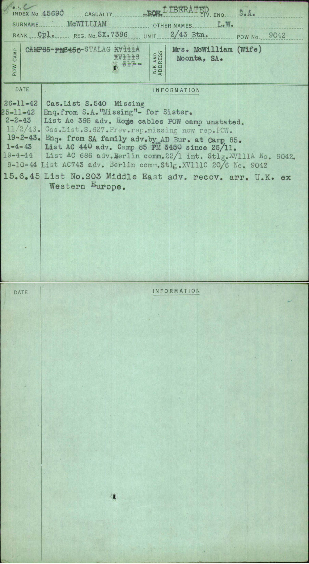 Mcwilliam, L W, SX7386