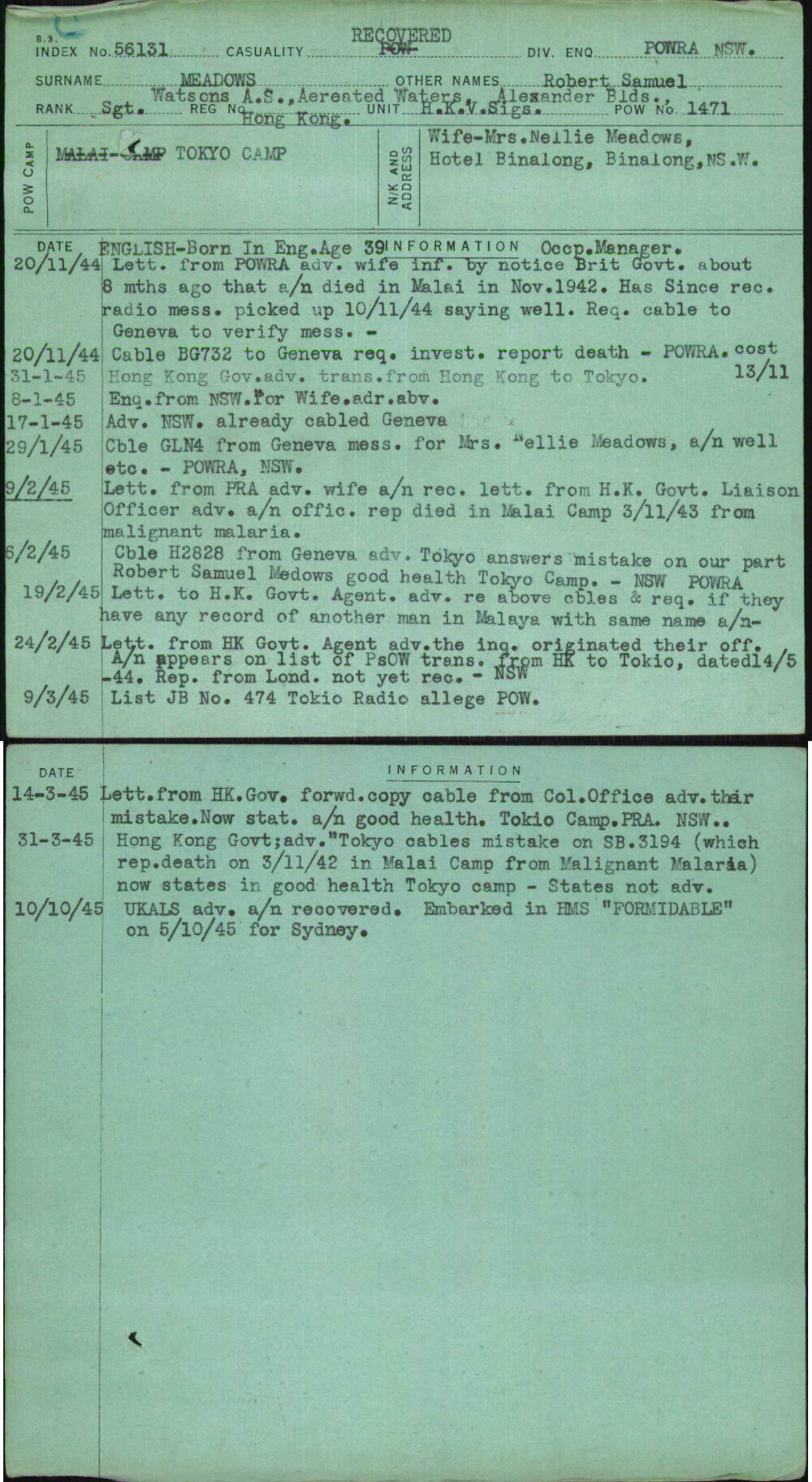 Meadows, Robert Samuel, Hong Kong