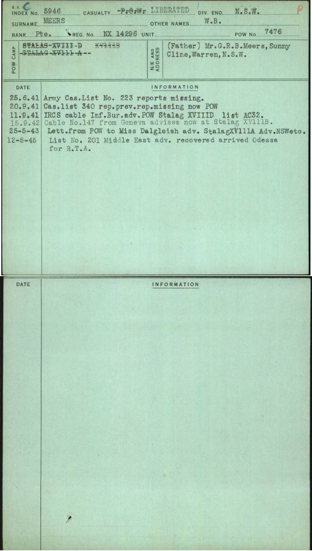 Meers, W B, NX14296