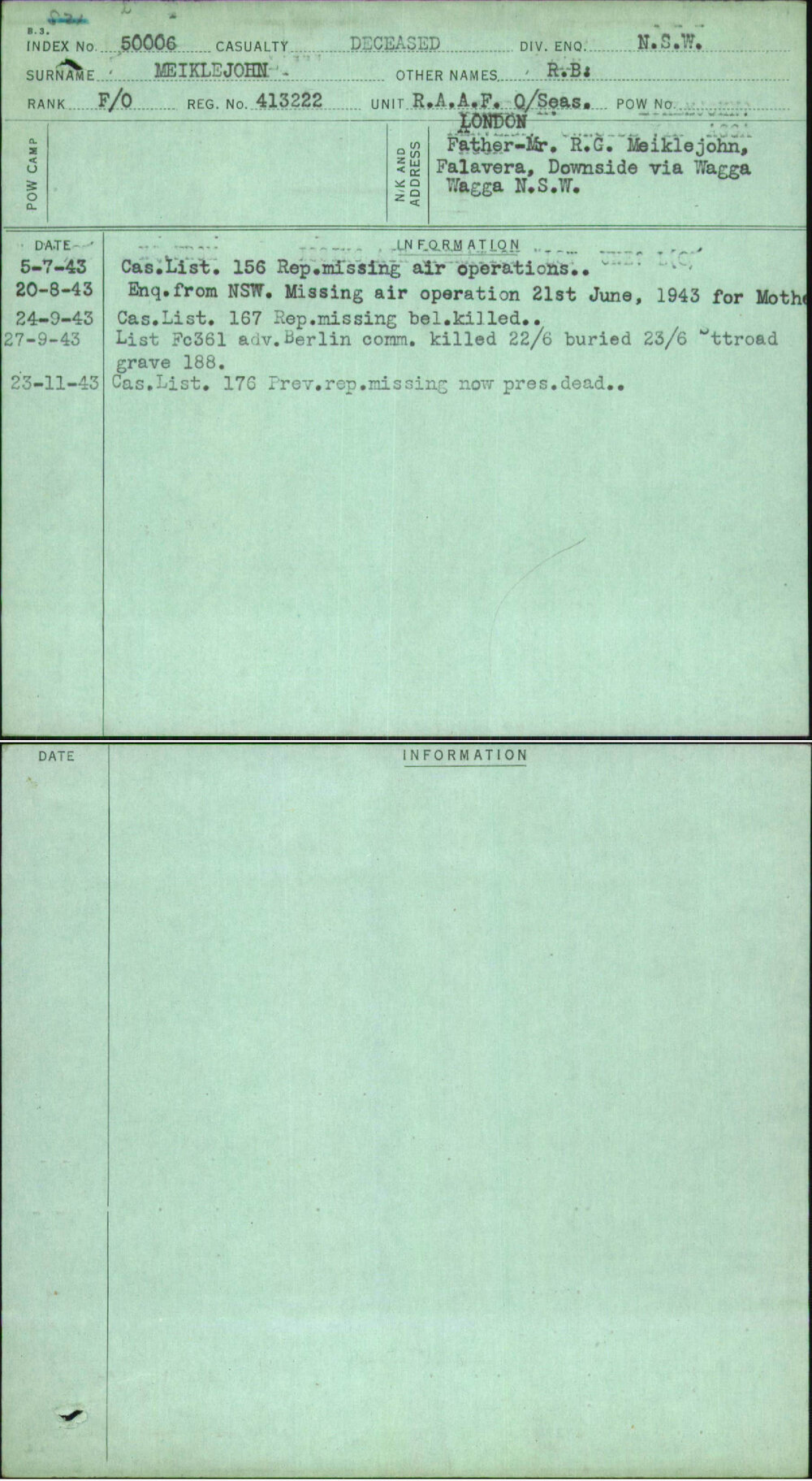 Meiklejohn, R B, 413222