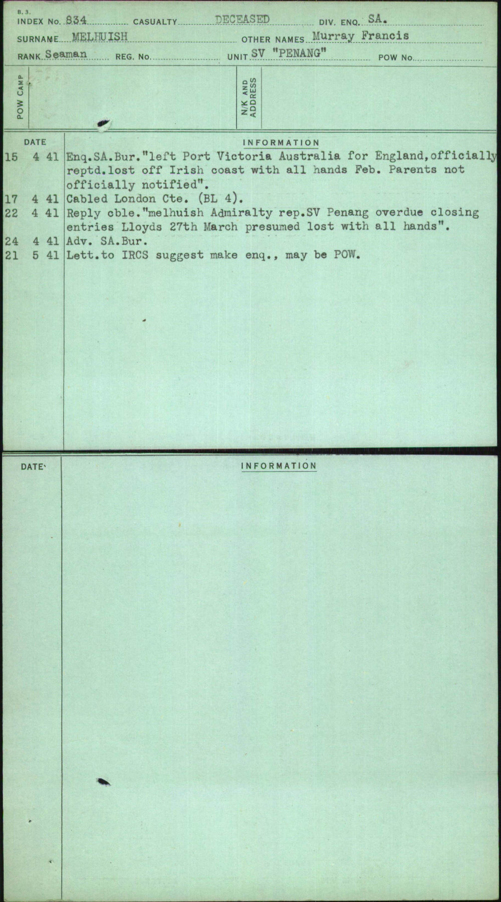 Melhuish, Murray Francis, [No Service Number]