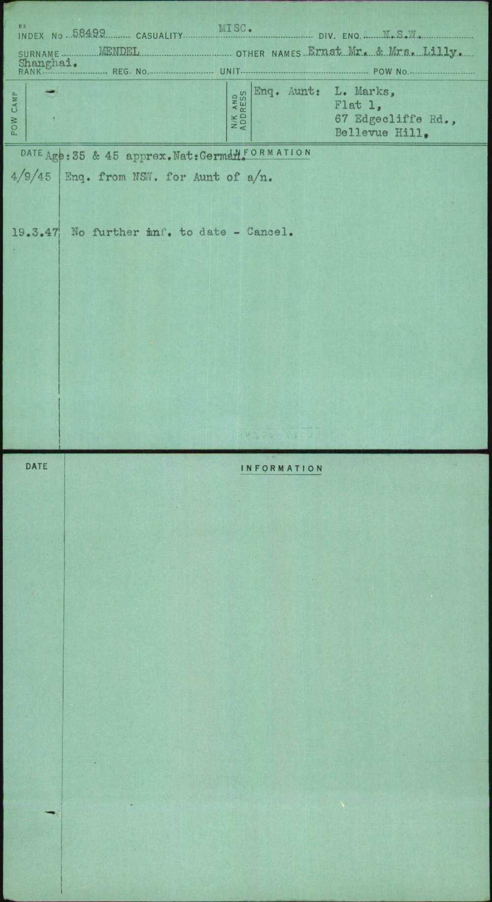 Mendel, Ernst Mr &amp; Mrs Lilly, [No Service Number]