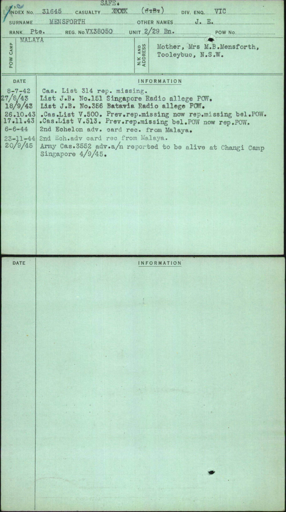 Mensforth, J E, VX38050