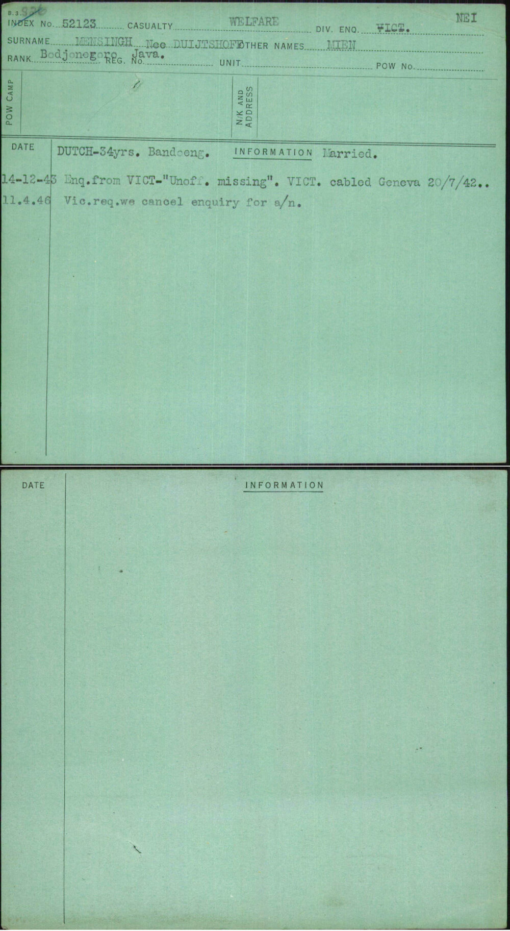 Mensingh Nee Duijtshoff, Mien, [No Service Number]