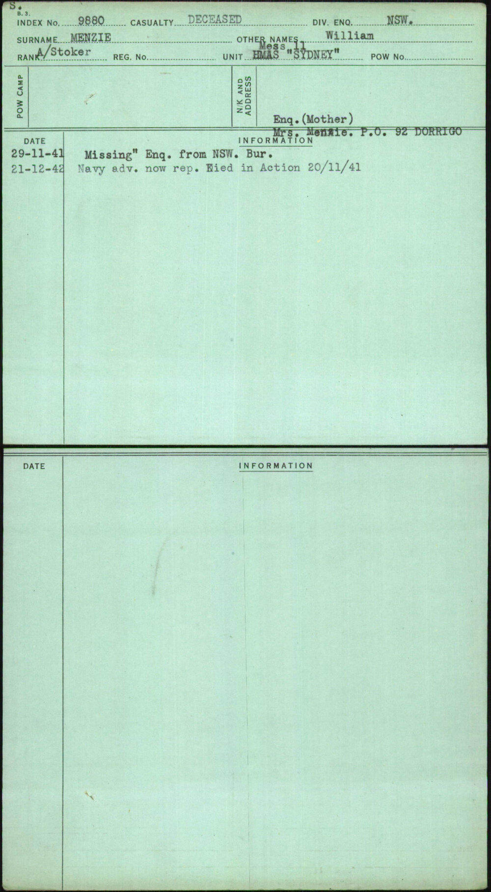 Menzie, William, [No Service Number]