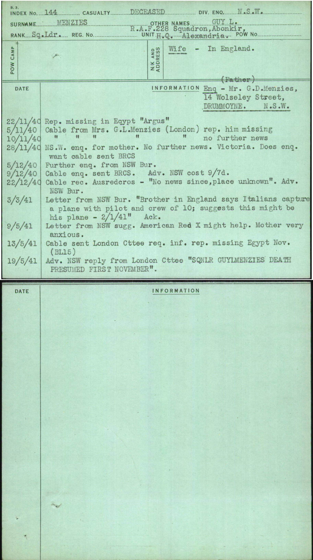 Menzies, Guy L, [No Service Number]