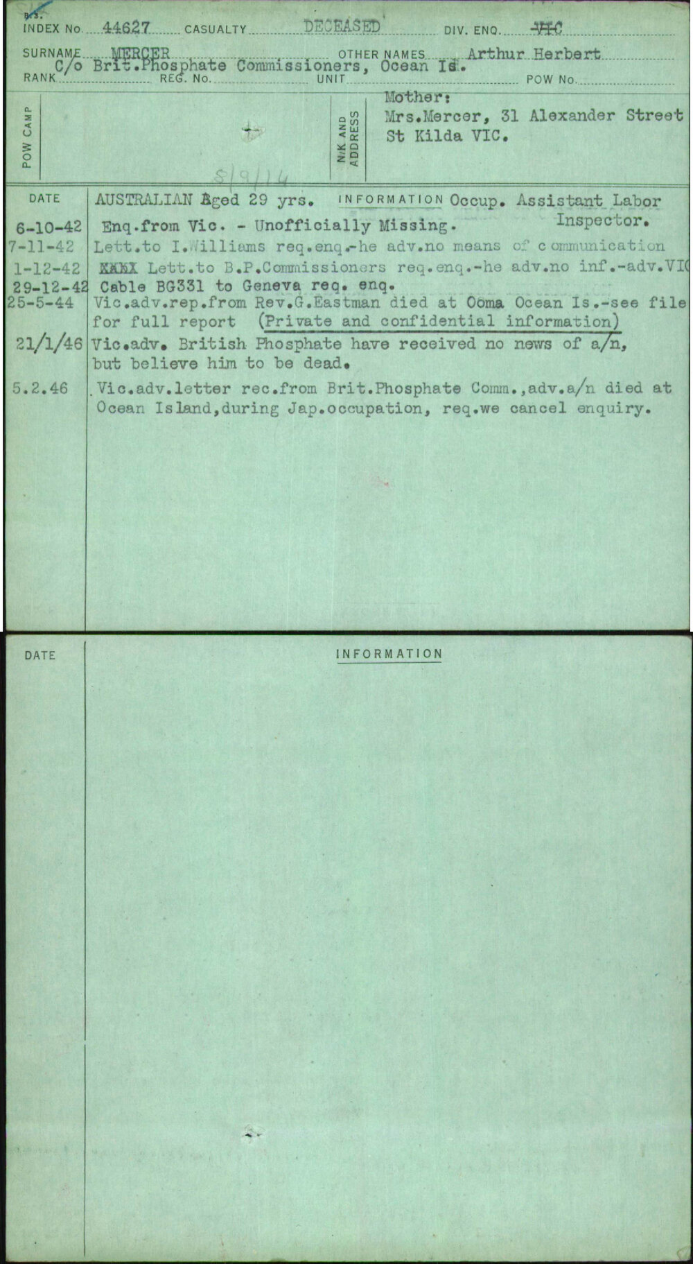 Mercer, Arthur Herbert, [No Service Number]