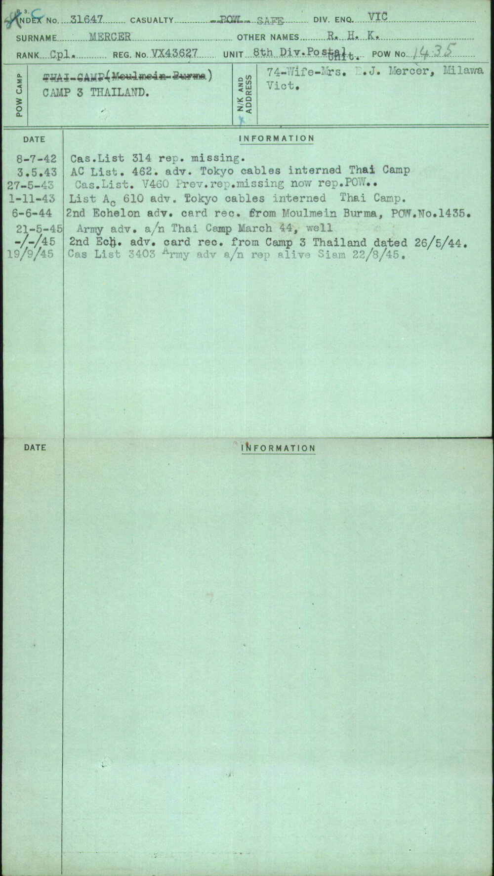 Mercer, R H K, VX43627