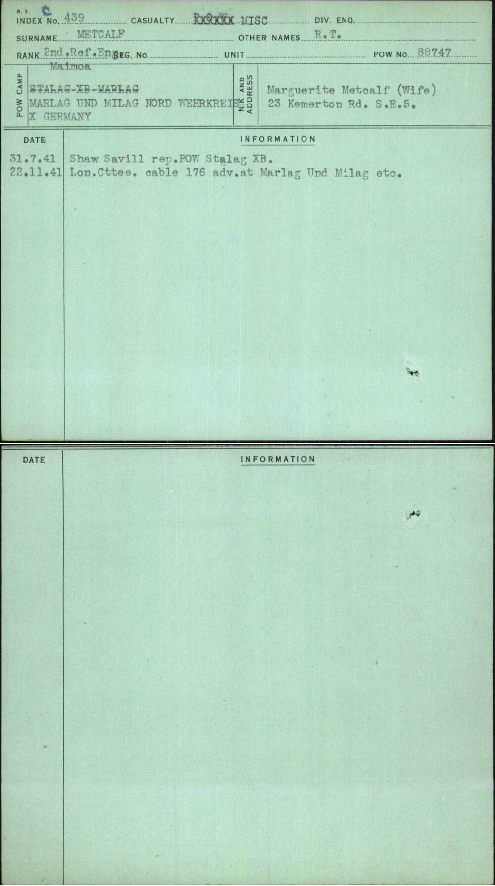 Metcalf, R T, [No Service Number]