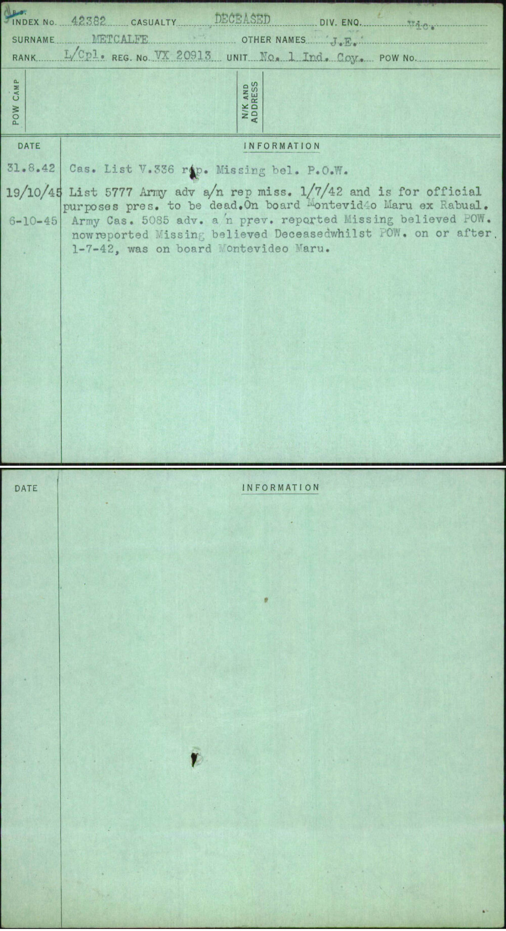 Metcalfe, J E, VX20913