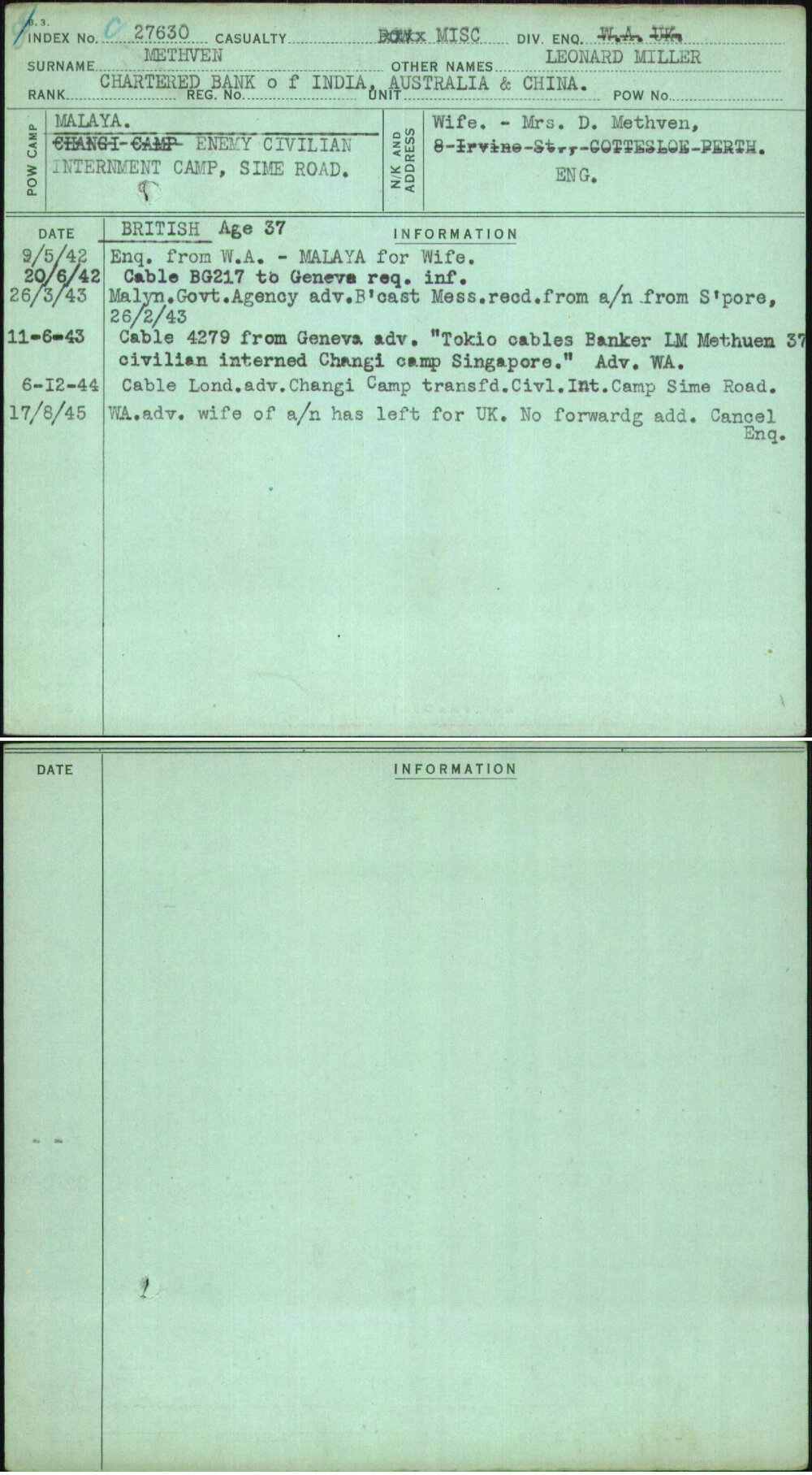 Methven, Leonard Miller, [No Service Number]