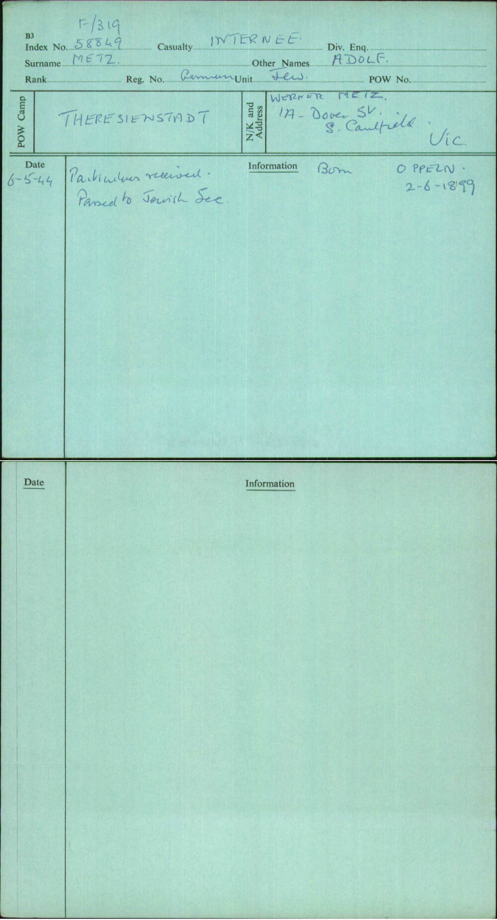 Metz, Adolf, [No Service Number]