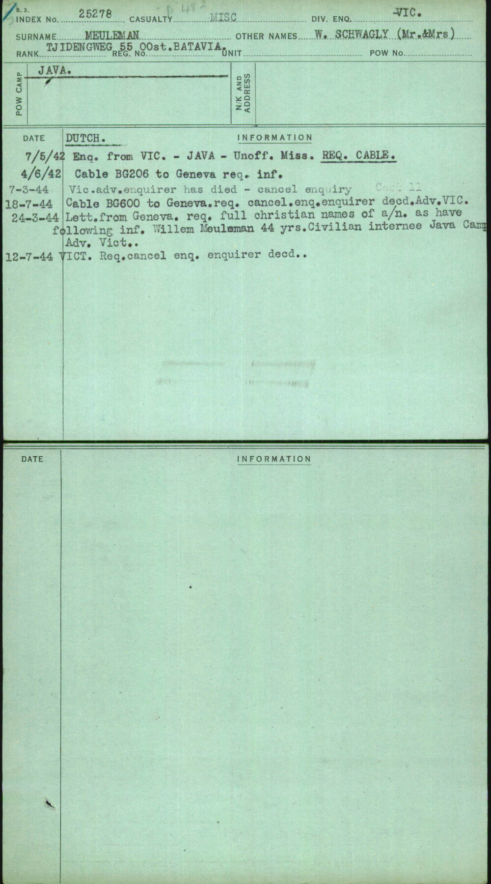 Meuleman, W Schwagly (Mr &amp; Mrs), [No Service Number]