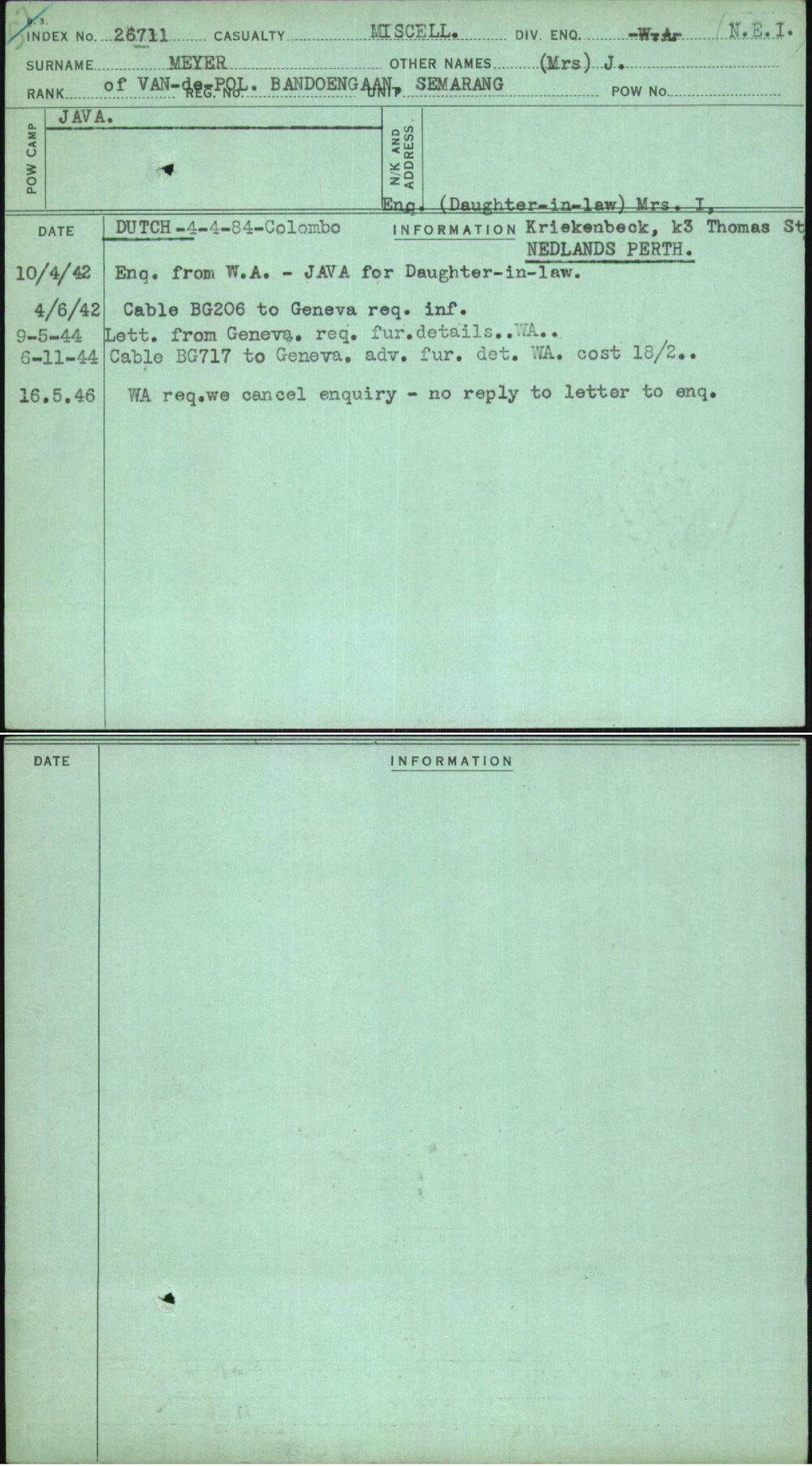 Meyer, (Mrs) J, [No Service Number]