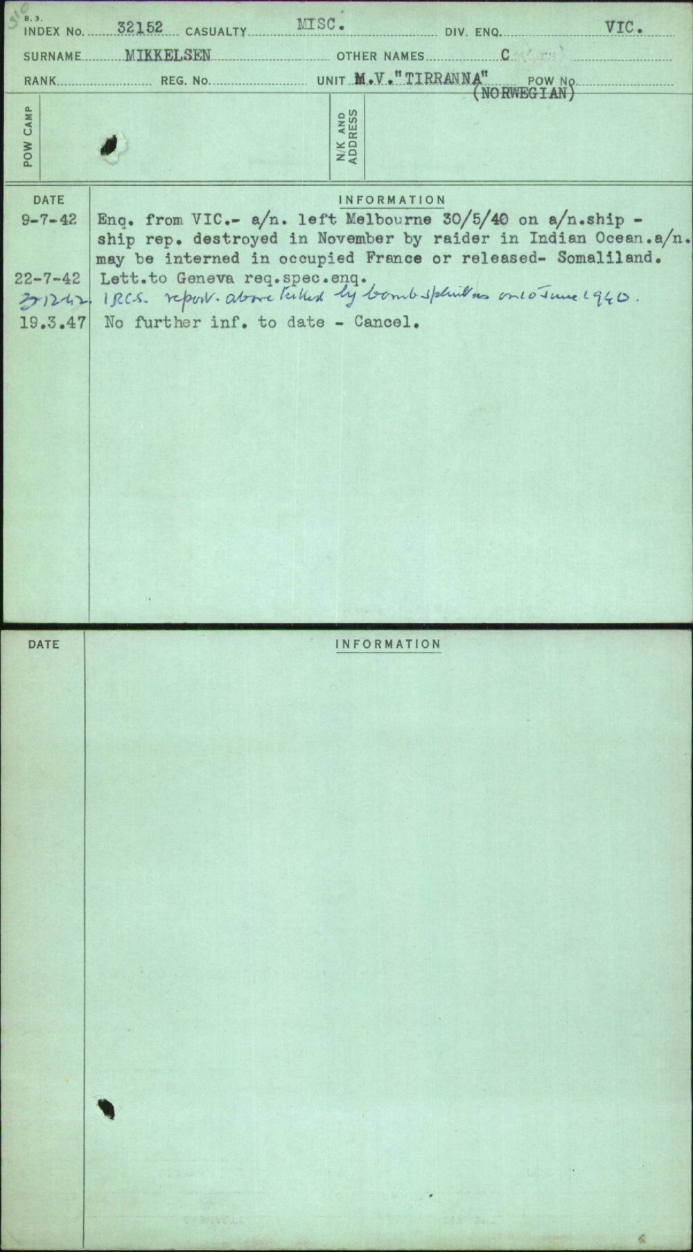 Mikkelsen, C, [No Service Number]