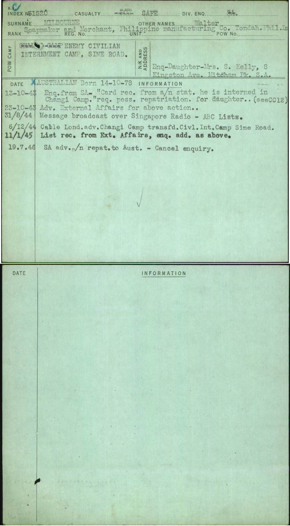 Milbourne, Walter, [No Service Number]