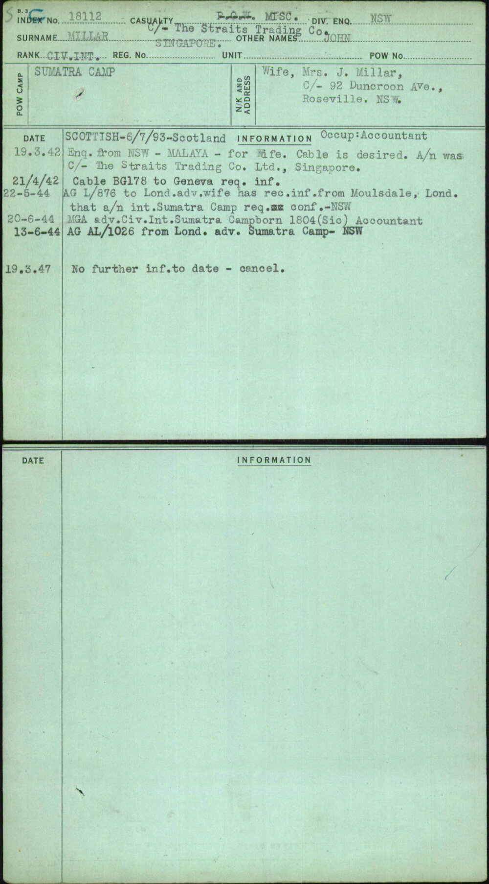 Millar, John, Singapore