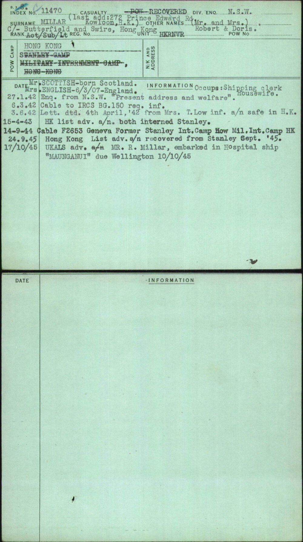 Millar Kowloon Hk, (Mr And Mrs), [No Service Number]