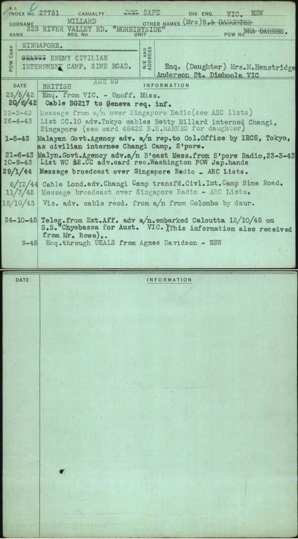 Millard, (Mrs) B, [No Service Number]