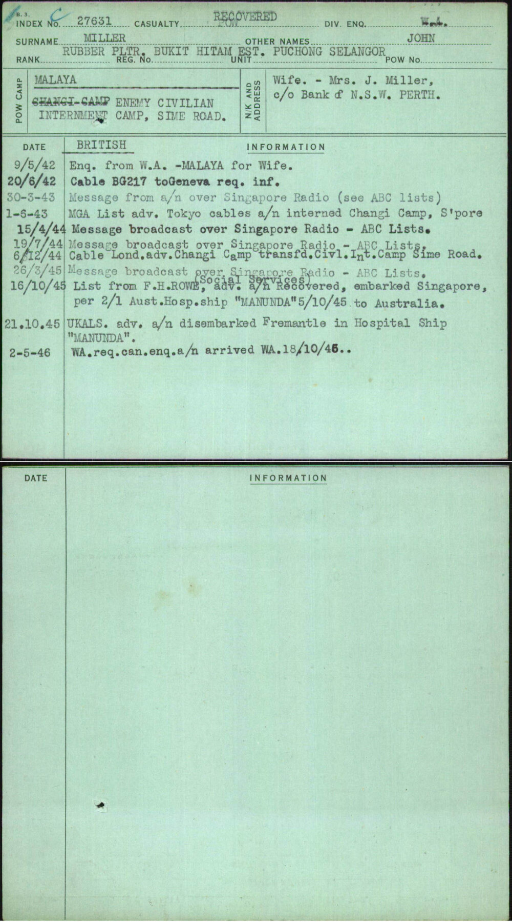 Miller, John, [No Service Number]