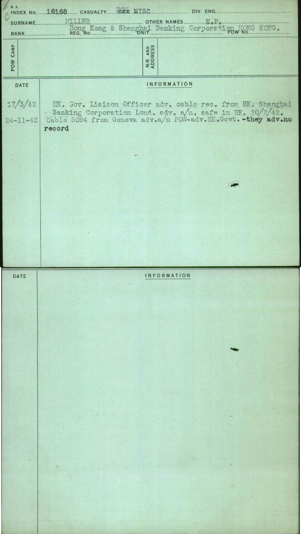 Miller, E P, [No Service Number]