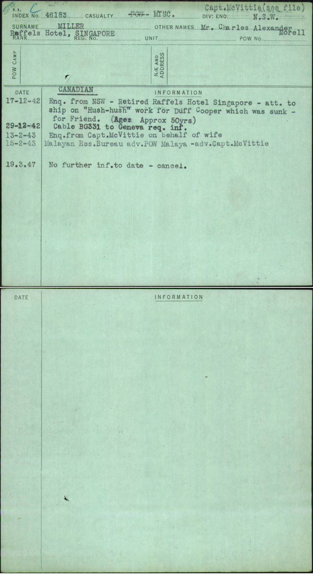 Miller, Mr Charles Alexander Morell, [No Service Number]