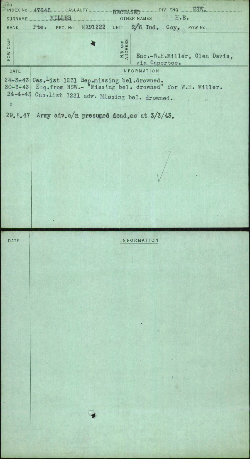 Miller, H E, NX91222