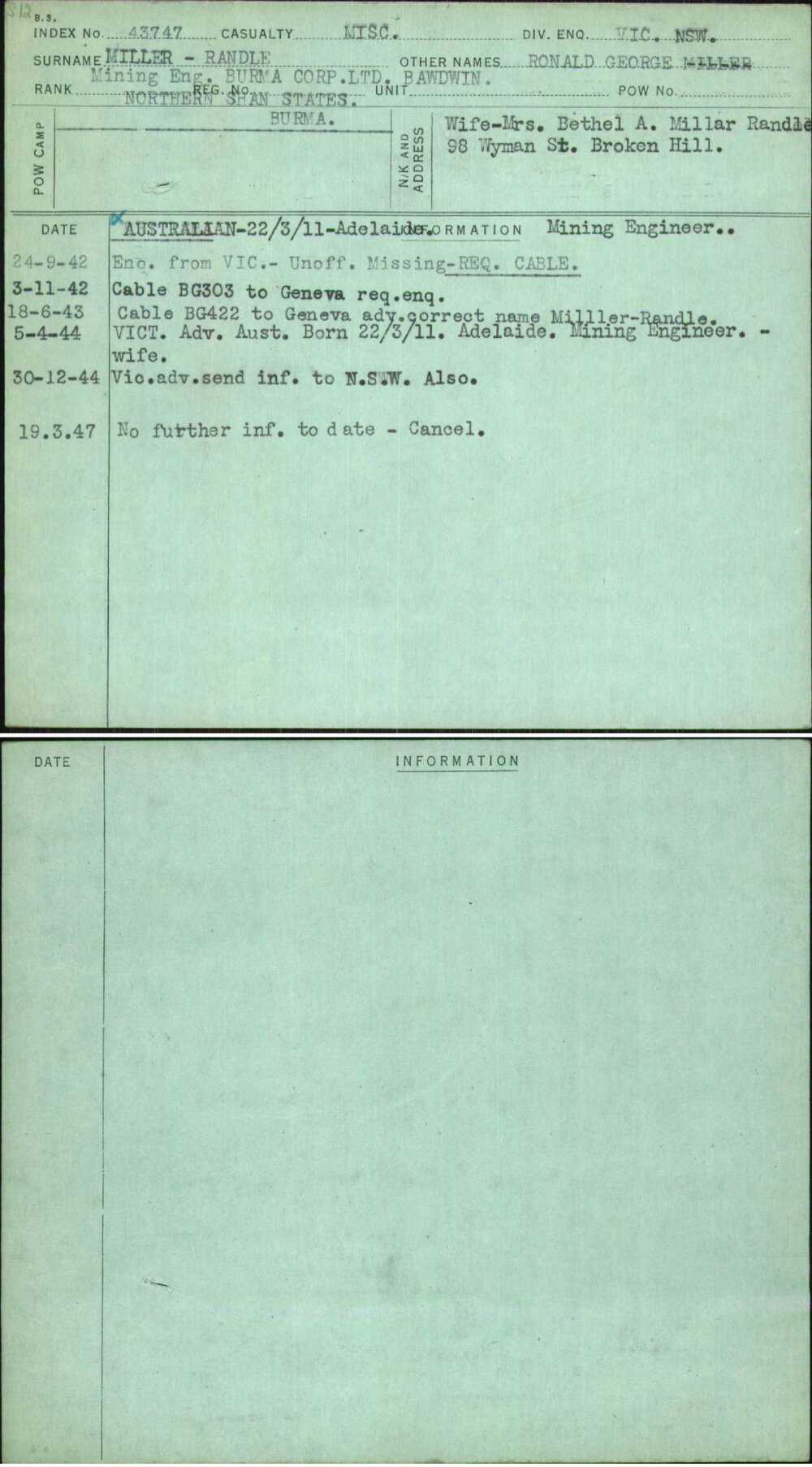 Miller-Randle, Ronald George, [No Service Number]