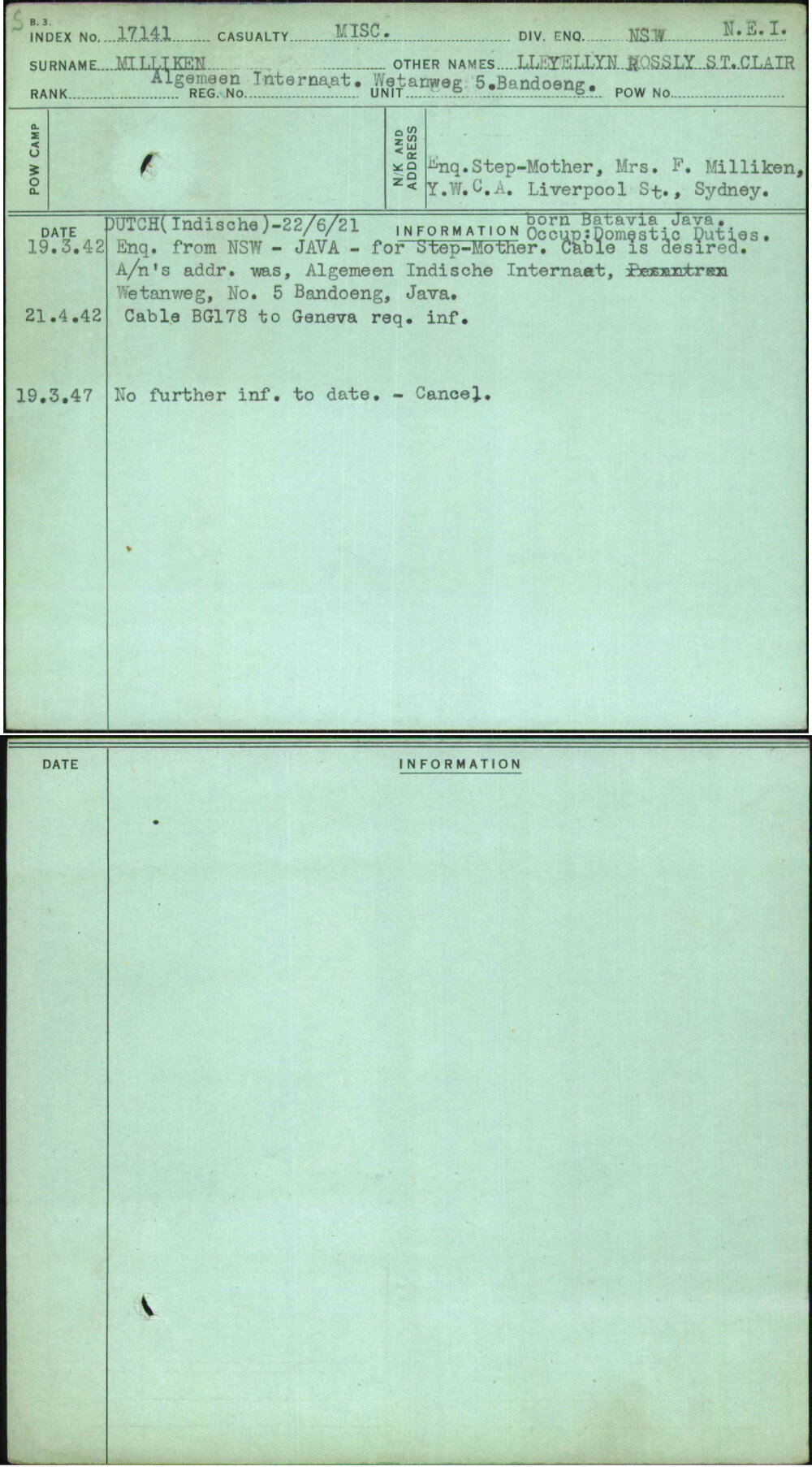 Milliken, Lleyellyn Rossly St Clair, [No Service Number]