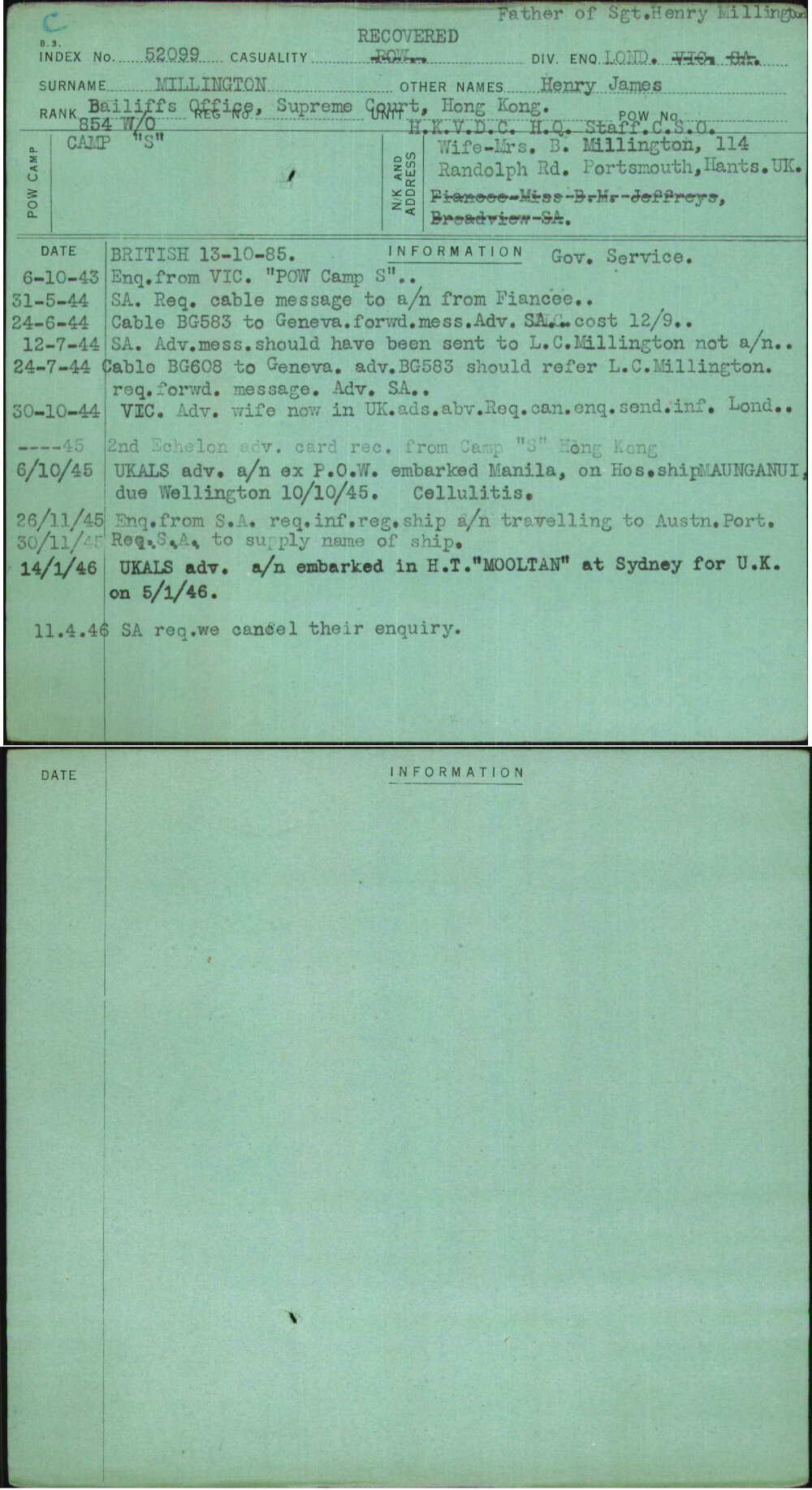 Millington, Henry James, [No Service Number]