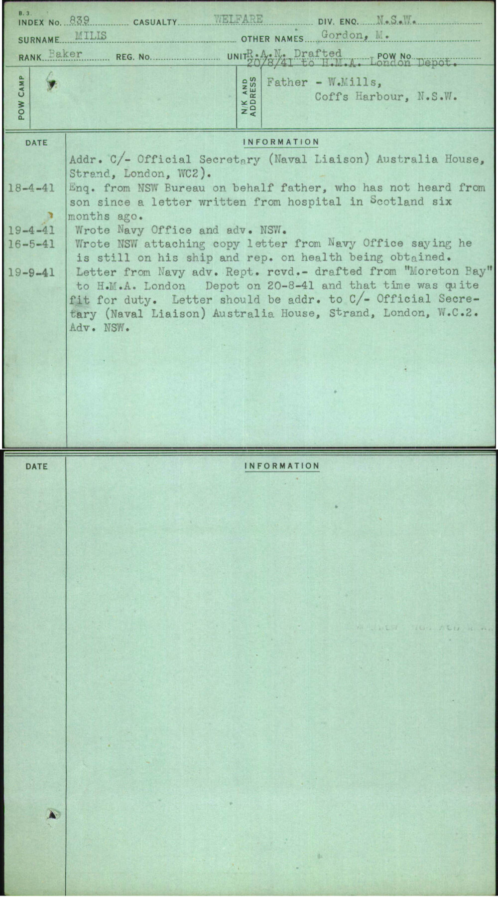 Mills, Gordon M, [No Service Number]