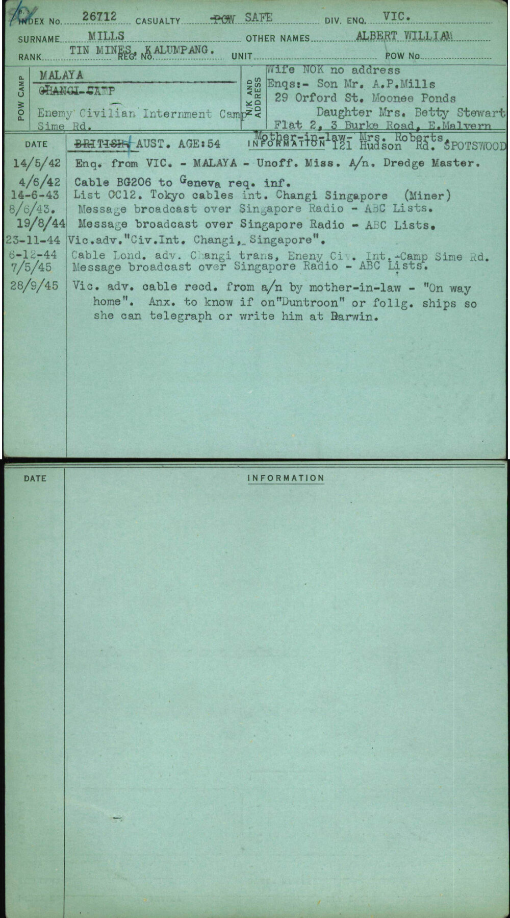 Mills, Albert William, [No Service Number]