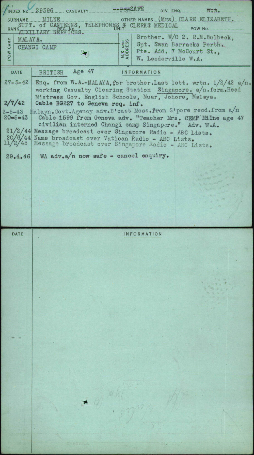 Milne, (Mrs) Clare Elizabeth, [No Service Number]