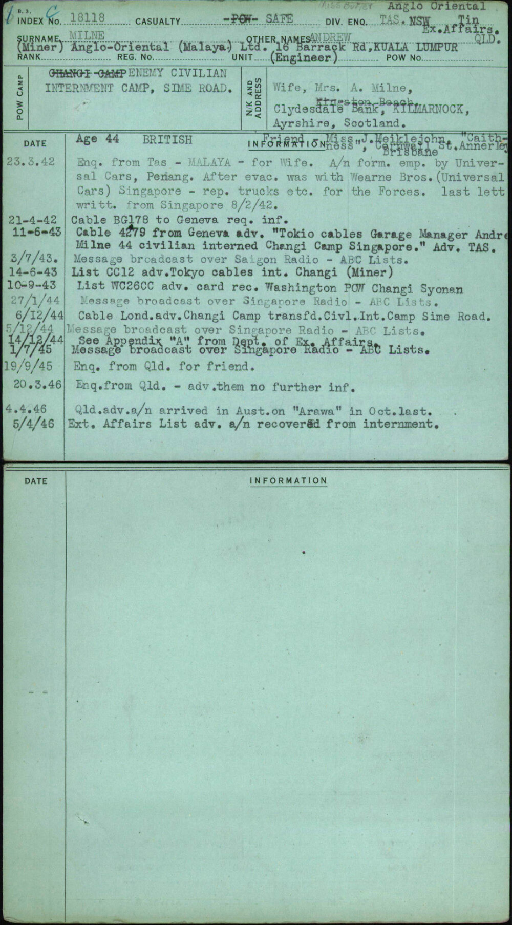 Milne, Andrew, [No Service Number]