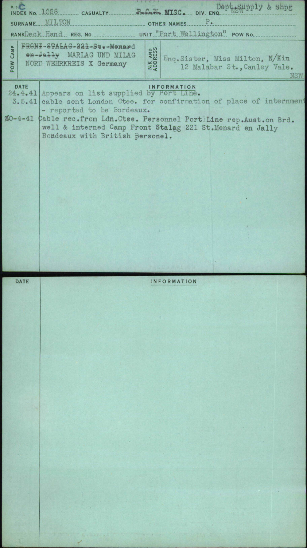 Milton, P, [No Service Number]