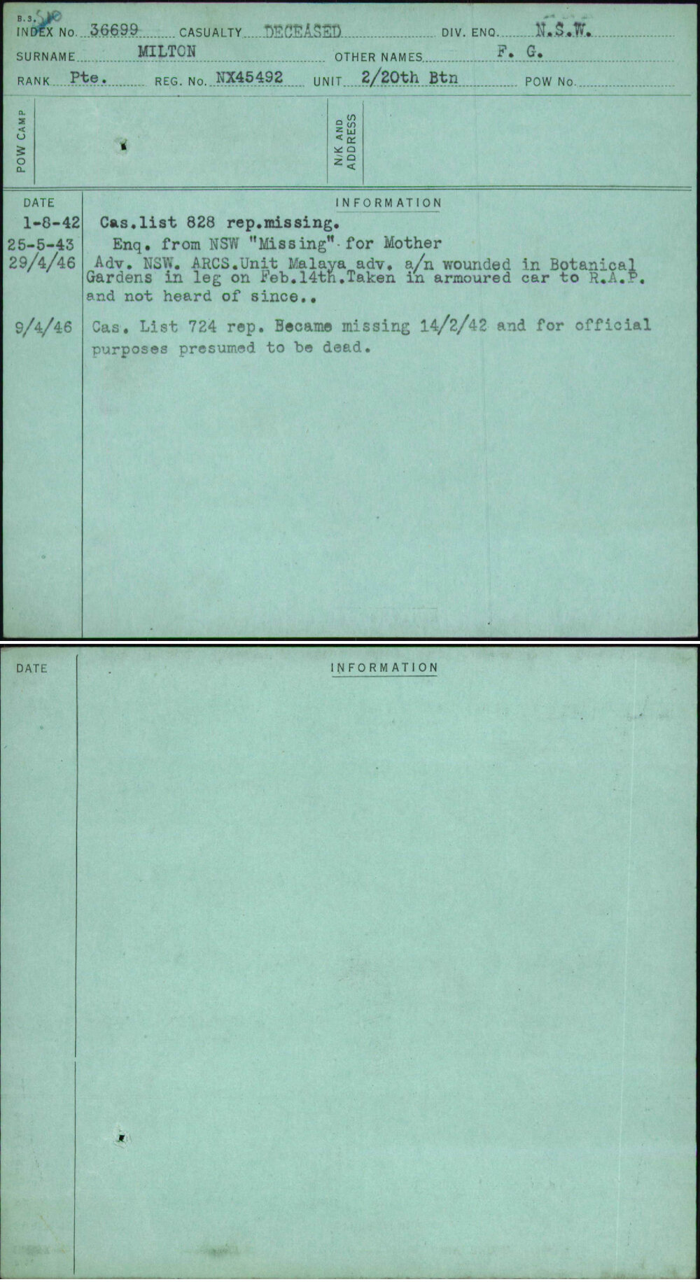 Milton, F G, NX45492