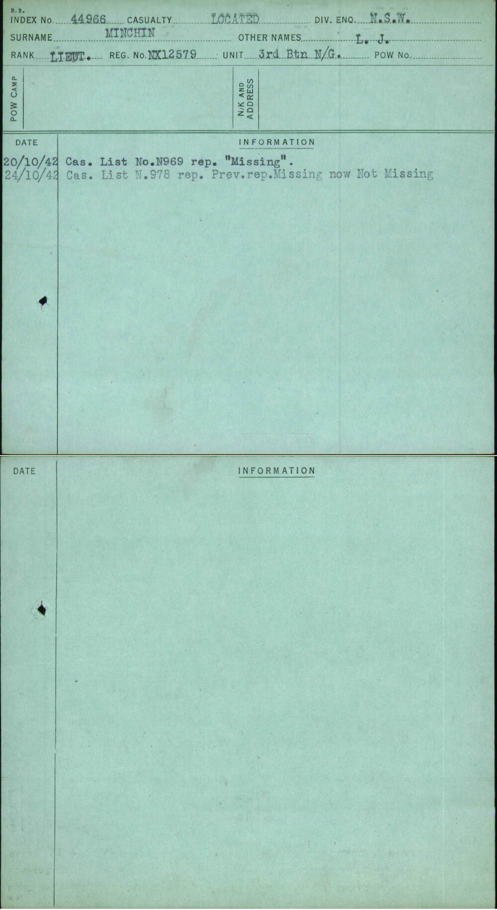 Minchin, L J, NX12579