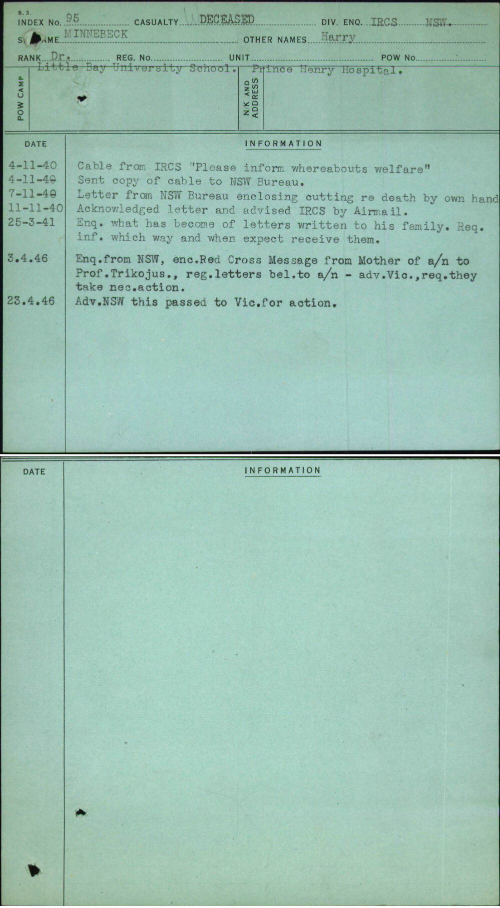 Minnebeck, Harry, [No Service Number]